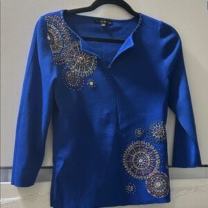 Embellished Royal Blue Women's Top with V-Neck